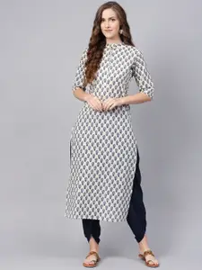 Indo Era Women Cream-Coloured & Blue Printed Straight Kurta