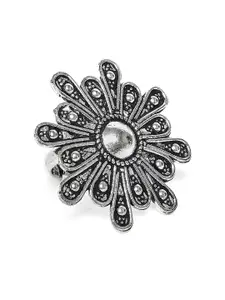 PANASH Oxidised Silver Floral Adjustable Ring
