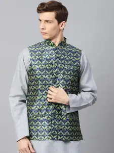 SOJANYA Men Blue & Green Printed Nehru Jacket