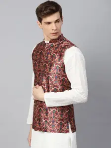 SOJANYA Men Maroon & Green Printed Nehru Jacket