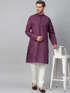 SOJANYA Men Purple & Off-White Solid Kurta with Churidar