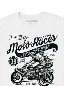 THREADCURRY Boys White Biker Print Tshirt
