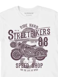 THREADCURRY Boys White Biker Print Tshirt