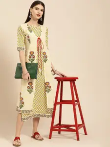 Libas Women Off-White & Yellow Block Print A-Line Dress with Ethnic Jacket