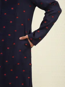House of Pataudi Men Navy Blue Embroidered Straight Kurta