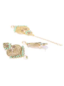 Priyaasi Mint Green Gold-Plated Stone-Studded Handcrafted Maang Tika & Earrings Set