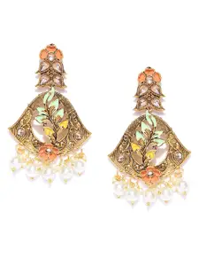 Priyaasi Coral Orange & Mint Green Antique Gold-Plated Hand Painted Floral Drop Earrings