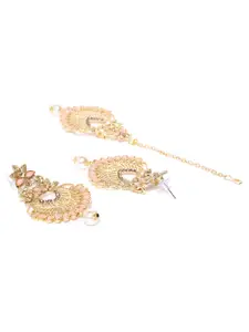 Priyaasi Peach-Coloured Gold-Plated Stone-Studded Handcrafted Maang Tika & Earrings Set