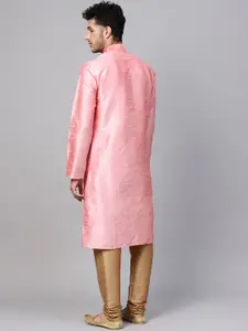 SOJANYA Men Pink & Golden Solid Straight Kurta with Churidar