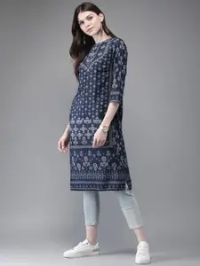 Anouk Women Navy Blue & White Printed Straight Kurta