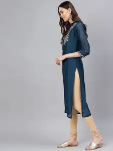 Varanga Women Teal Blue & Silver Embroidered Yoke Design Straight Kurta