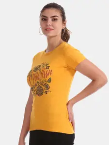 U.S. Polo Assn. Women Mustard Yellow  Black Printed Round Neck Pure Cotton T-shirt