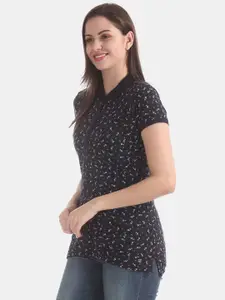 U.S. Polo Assn. Women Black & Off-White Printed Polo Collar T-shirt