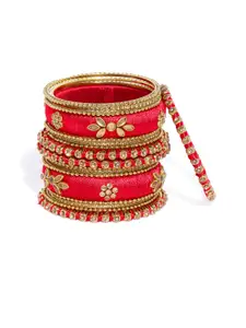 Peora Set of 18 Gold-Plated & Red Embellished Handmade Silk Thread Chudas