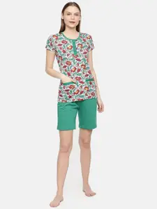 zebu Women White & Green Printed Night Suit