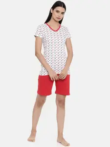 zebu Women White & Red Printed Night suit