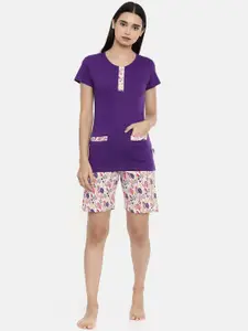 zebu Women Purple & White Solid Night suit