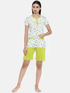 zebu Women Lime Green & White Printed Night suit