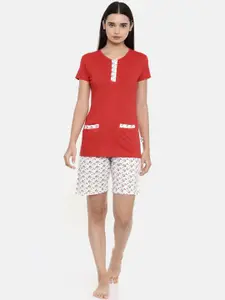 zebu Women Red & White Solid Night suit