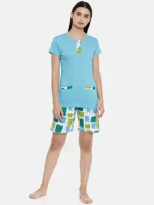 zebu Women Blue & Green Solid Night suit