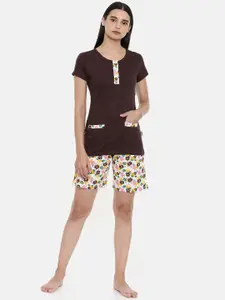 zebu Women Coffee Brown & White Solid Night suit