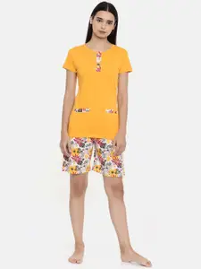 zebu Women Mustard Yellow & White Solid Night suit