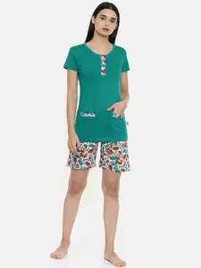 zebu Women Sea Green & White Solid Night suit