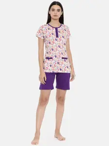 zebu Women Purple & White Printed Night suit
