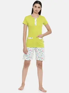 zebu Women Lime Green & White Solid Night suit
