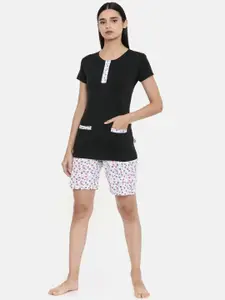 zebu Women Black & White Solid Night suit