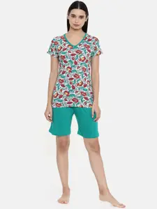 zebu Women Teal Green & White Printed Night suit