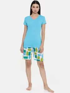 zebu Women Turquoise Blue Solid Night suit