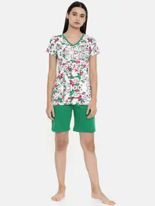 zebu Women Green & White Printed Night suit