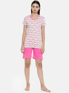 zebu Women White & Pink Printed Night suit