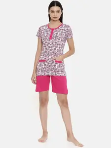 zebu Women Pink & White Printed Night suit