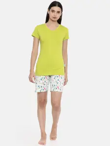 zebu Women Lime Green & White Solid Night suit