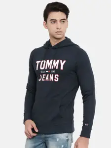 Tommy Hilfiger Men Navy Blue Printed Hooded Sweatshirt