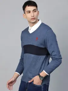 U.S. Polo Assn. Denim Co. Men Navy Blue Colourblocked Pullover