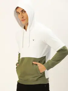 Allen Solly Sport Wimbledon Men White & Olive Green Colourblocked Hooded Sweatshirt