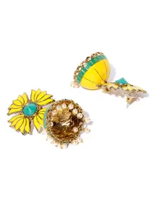 Priyaasi Yellow Gold-Plated Stone-Studded & Beaded Hand Painted Dome Shaped Jhumkas