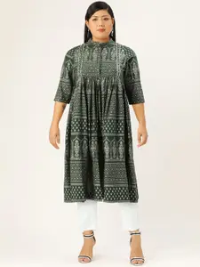 Sangria Women Green & Silver Printed A-Line Kurta