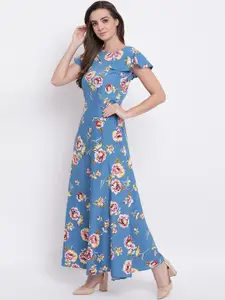 Deewa Women Blue & Yellow Floral Printed Maxi Dress