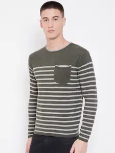 Duke Men Olive Green & Grey Striped Sweater