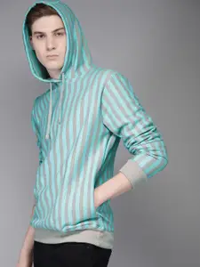 Campus Sutra Men Turquoise Blue & Grey Striped Hooded Sweatshirt