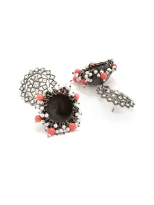 Rubans Silver-Toned & Pink Dome Shaped Handcrafted Kundan Studded Jhumkas