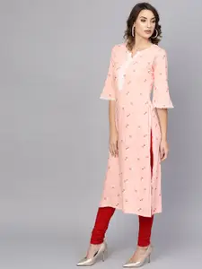 Libas Women Peach-Coloured & Red Printed Straight Kurta