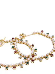 Zaveri Pearls Set of 2 Gold-Plated Stones & Pearls Studded Anklets