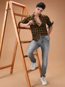 The Indian Garage Co Men Khaki & Navy Blue Slim Fit Checked Casual Shirt