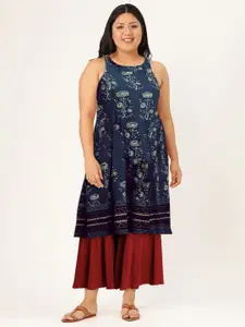 Taavi Women Navy Blue & Green Ajrakh Hand Block Print Sustainable Straight Kurta with Halter Neck