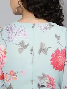 SASSAFRAS Women Blue & Pink Floral Print A-Line Dress